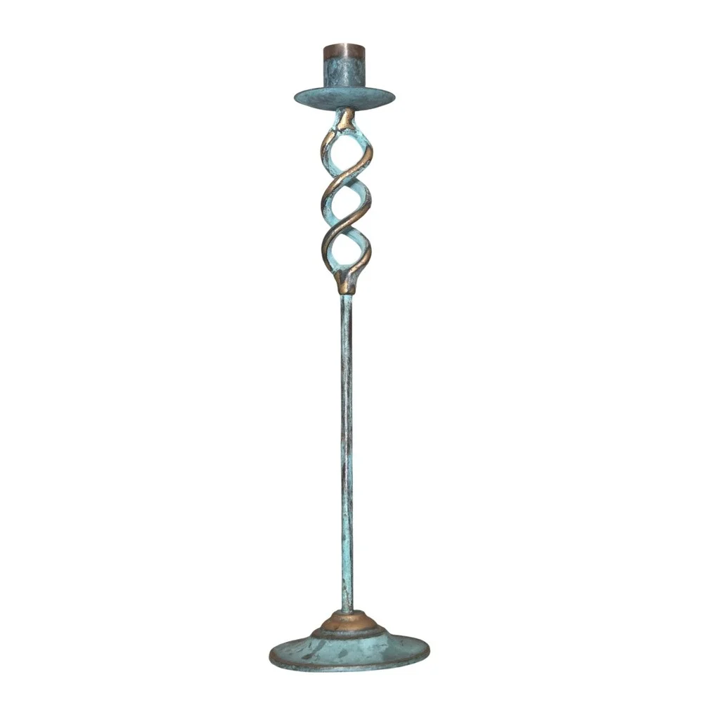 Vintage Brass Turquoise Verdigris Patina Candlestick Holder Twisted Helix 13 in.
